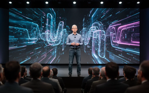 Tim Cook hält eine Keynote-Rede auf einer Bühne mit einem großen Bildschirm im Hintergrund und einem Publikum im Vordergrund. - Foto: über boerse-global.de