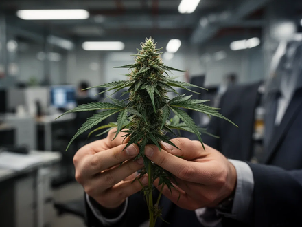 Hände halten eine Cannabisknospe vor einem verschwommenen Hintergrund, der einen Arbeitsplatz andeutet. - Foto: über boerse-global.de