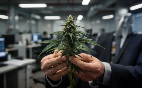Hände halten eine Cannabisknospe vor einem verschwommenen Hintergrund, der einen Arbeitsplatz andeutet. - Foto: über boerse-global.de