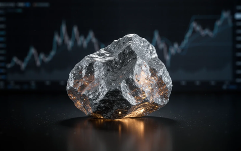 Ein einzelner, großer, unraffinierter Lithiumstein auf dunklem Untergrund, im Hintergrund verschwommene Finanzdiagramme. - Foto: über boerse-global.de