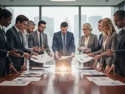 Geschäftsleute, Männer und Frauen, diskutieren an einem Konferenztisch, umgeben von einem subtilen Glanz, der Transparenz symbolisiert. - Foto: über boerse-global.de
