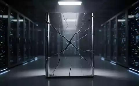 Ein beschädigter Server-Rack mit einem Riss auf glänzender Oberfläche, umgeben von einem unscharfen Rechenzentrum, symbolisiert einen Kursrutsch. - Foto: über boerse-global.de