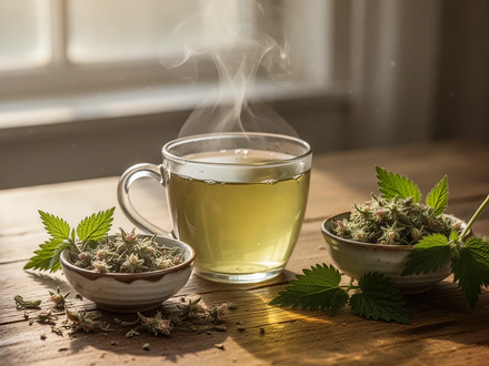 Eine dampfende Tasse Grüntee, daneben getrocknete Cistus-Blätter und ein Zweig frischer Brennnessel auf einem Holztisch. - Foto: über boerse-global.de