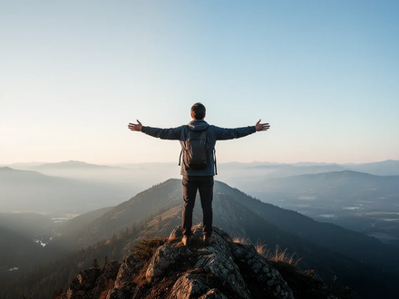 Eine Person steht auf einem Berg mit ausgebreiteten Armen und blickt auf eine weite, ruhige Landschaft, die Freiheit symbolisiert. - Foto: über boerse-global.de