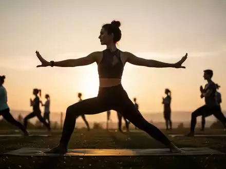 Eine Person macht Yoga bei Sonnenaufgang im Freien, im Hintergrund sind weitere Personen verschwommen zu sehen. - Foto: über boerse-global.de