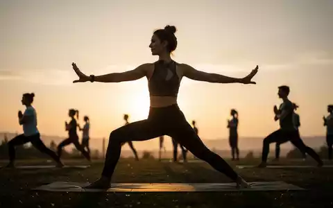 Eine Person macht Yoga bei Sonnenaufgang im Freien, im Hintergrund sind weitere Personen verschwommen zu sehen. - Foto: über boerse-global.de