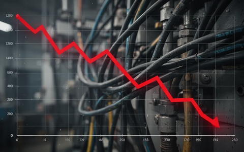 Ein stark fallender roter Liniengraph über verschwommenen Industriekabeln und Maschinen, der einen starken Rückgang symbolisiert. - Foto: über boerse-global.de