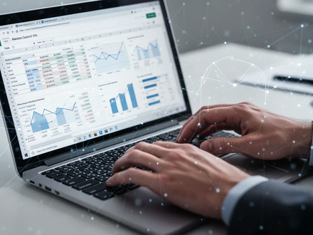 Close-up of hands typing on a laptop, a spreadsheet with data and charts visible on screen, with subtle digital elements. - Foto: über boerse-global.de