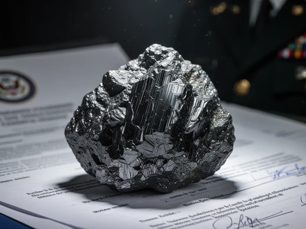 Nahaufnahme eines Graphit-Minerals, das unter Licht schimmert, mit unscharfen Regierungsdokumenten im Hintergrund. - Foto: über boerse-global.de