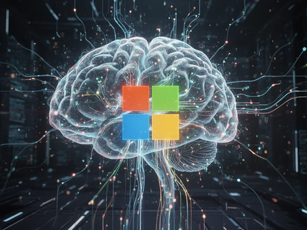 An abstract digital brain with glowing connections, representing AI, with data flowing into a subtle Microsoft logo. - Foto: über boerse-global.de
