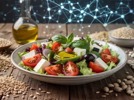 Nahaufnahme eines bunten, frischen mediterranen Salats mit Olivenöl, umgeben von Vollkornprodukten und Hülsenfrüchten. - Foto: über boerse-global.de