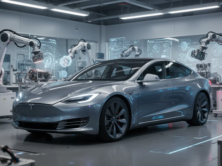 A sleek Tesla vehicle in a modern robotics lab with robotic arms in the background, symbolizing innovation and AI. - Foto: über boerse-global.de
