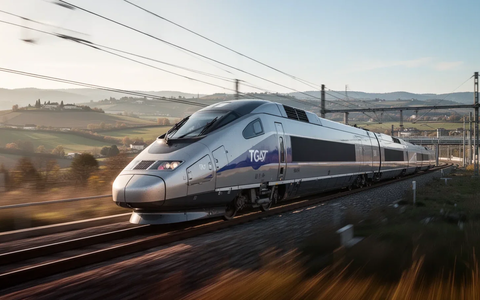 Ein moderner Hochgeschwindigkeitszug, ähnlich dem TGV M, rast durch eine europäische Landschaft mit Hügeln und Infrastruktur. - Foto: über boerse-global.de