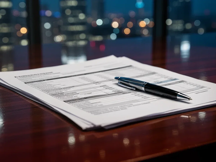 Finanzdokumente und ein Stift auf einem Schreibtisch, unscharfe Stadtlichter im Hintergrund, symbolisiert eine Anleiheemission. - Foto: über boerse-global.de