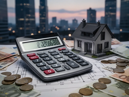 Ein Taschenrechner mit Finanzzahlen auf einem Haus-Bauplan, umgeben von Euro-Banknoten und Münzen, vor einer Stadtlandschaft. - Foto: über boerse-global.de