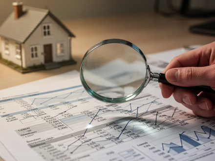 Eine Hand hält eine Lupe über ein Finanzdokument mit Zahlen und Diagrammen. Im unscharfen Hintergrund steht ein kleines Modellhaus auf einem Schreibtisch. - Foto: über boerse-global.de