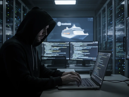 A shadowy figure in a hoodie types on a laptop in a dark server room, representing a data breach affecting a cruise company. - Foto: über boerse-global.de