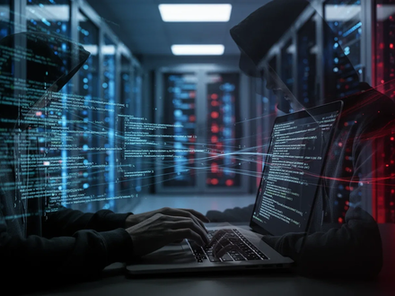 A shadowy hacker types on a laptop, with code and data on screen, against a blurred background of glowing server racks. - Foto: über boerse-global.de