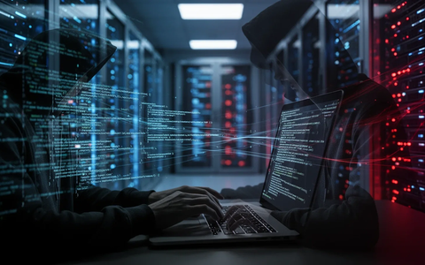A shadowy hacker types on a laptop, with code and data on screen, against a blurred background of glowing server racks. - Foto: über boerse-global.de