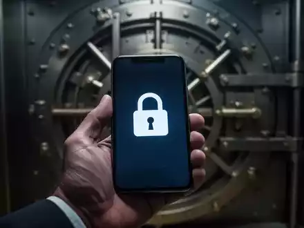Hand holding a smartphone with a lock icon, a blurred bank vault door in the background, symbolizing digital security and fraud prevention. - Foto: über boerse-global.de