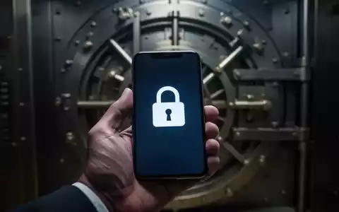 Hand holding a smartphone with a lock icon, a blurred bank vault door in the background, symbolizing digital security and fraud prevention. - Foto: über boerse-global.de