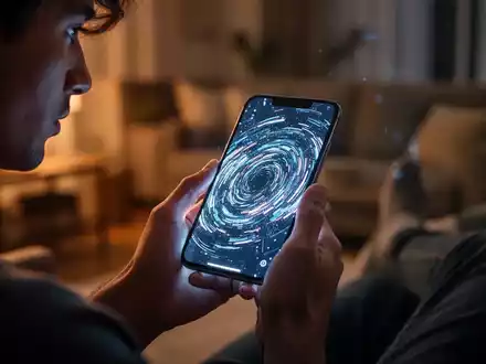 Hände halten ein leuchtendes Smartphone, dessen Bildschirm abstrakte digitale Muster zeigt. Im unscharfen Hintergrund ist ein häusliches Umfeld zu erkennen. - Foto: über boerse-global.de