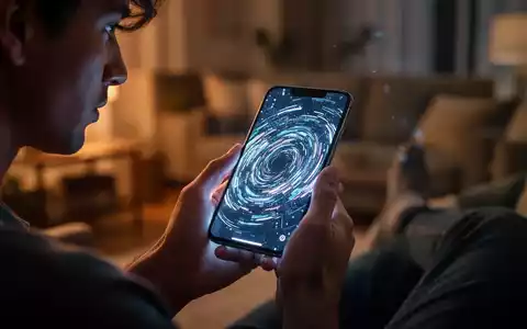 Hände halten ein leuchtendes Smartphone, dessen Bildschirm abstrakte digitale Muster zeigt. Im unscharfen Hintergrund ist ein häusliches Umfeld zu erkennen. - Foto: über boerse-global.de