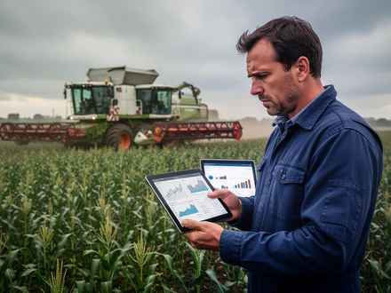 Ein besorgter Landwirt betrachtet Finanzdaten auf einem Tablet in einem Feld mit landwirtschaftlichen Maschinen im Hintergrund. - Foto: über boerse-global.de