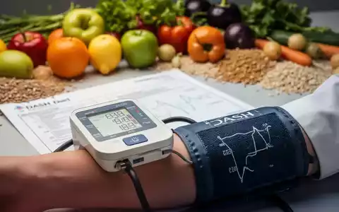 Ein Blutdruckmessgerät am Arm, im Hintergrund verschwommenes Obst, Gemüse und ein Laborbericht, der die DASH-Diät und Laborwerte symbolisiert. - Foto: über boerse-global.de