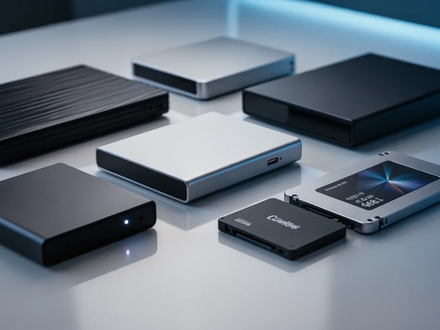 A selection of modern external hard drives and solid-state drives of various brands and sizes on a reflective surface. - Foto: über boerse-global.de