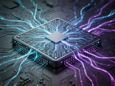 A close-up of a futuristic microchip with glowing blue and purple lines, symbolizing advanced AI processing. - Foto: über boerse-global.de