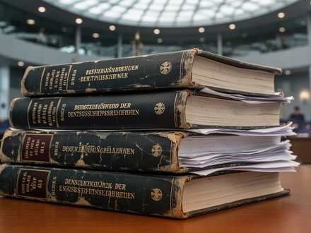 Ein Stapel deutscher Gesetzbücher oder offizieller Dokumente mit einem unscharfen Hintergrund eines modernen Bürogebäudes. - Foto: über boerse-global.de