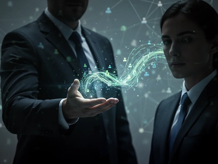 Eine stilisierte, schattenhafte Figur im Anzug reicht einer anderen Figur, deren Gesicht verdeckt ist, eine Hand mit einem leuchtenden digitalen Datenstrom. Im Hintergrund ist ein verschwommenes Netzwerk von Verbindungen zu sehen, das auf Online-Berufsnetzwerke hinweist. - Foto: über boerse-global.de