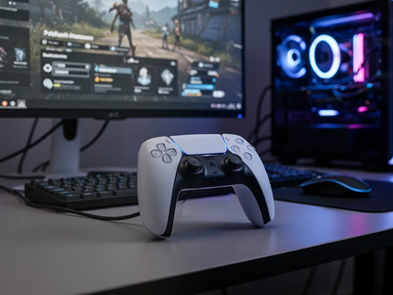 A PlayStation 5 DualSense controller connected to a PC gaming setup, with a monitor displaying a game in the background. - Foto: über boerse-global.de