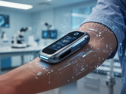 Nahaufnahme eines automatisierten Insulin-Dosiersystems auf einem Arm, mit leuchtenden digitalen Anzeigen in einem medizinischen Umfeld. - Foto: über boerse-global.de