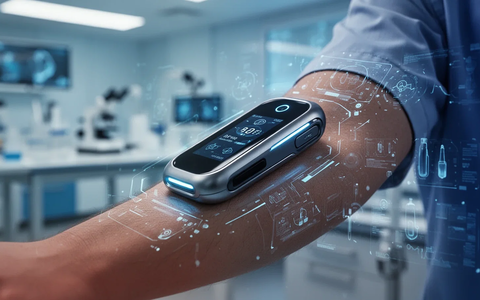 Nahaufnahme eines automatisierten Insulin-Dosiersystems auf einem Arm, mit leuchtenden digitalen Anzeigen in einem medizinischen Umfeld. - Foto: über boerse-global.de