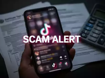 A smartphone screen showing a 'SCAM ALERT' over a TikTok-like interface, with tax documents blurred in the background. - Foto: über boerse-global.de
