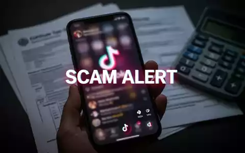 A smartphone screen showing a 'SCAM ALERT' over a TikTok-like interface, with tax documents blurred in the background. - Foto: über boerse-global.de