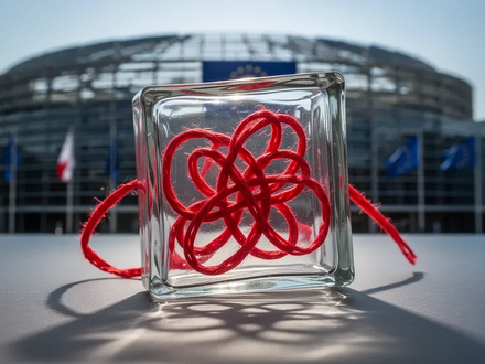 Ein transparenter Glasblock mit rotem, verheddertem Klebeband im Inneren, vor einem unscharfen Hintergrund des EU-Parlaments. - Foto: über boerse-global.de