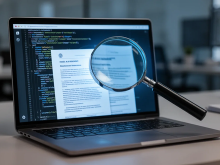 Ein Vergrößerungsglas über einem Laptop-Bildschirm mit rechtlichen Dokumenten und Code, der blaues Licht wirft. - Foto: über boerse-global.de