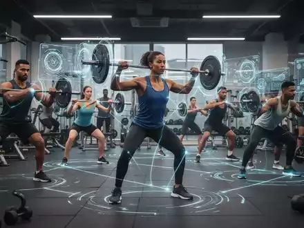 Eine Gruppe von Menschen trainiert in einem modernen Fitnessstudio, wobei einige Hologramme oder digitale Anzeigen ihre Bewegungen verfolgen. - Foto: über boerse-global.de
