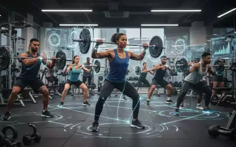 Eine Gruppe von Menschen trainiert in einem modernen Fitnessstudio, wobei einige Hologramme oder digitale Anzeigen ihre Bewegungen verfolgen. - Foto: über boerse-global.de