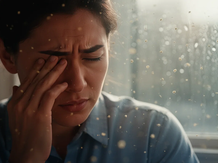 Eine Person mit leichter Kopfschmerzgeste, im Hintergrund ein Fenster mit unscharfem Wetter und angedeuteten Pollenpartikeln. - Foto: über boerse-global.de