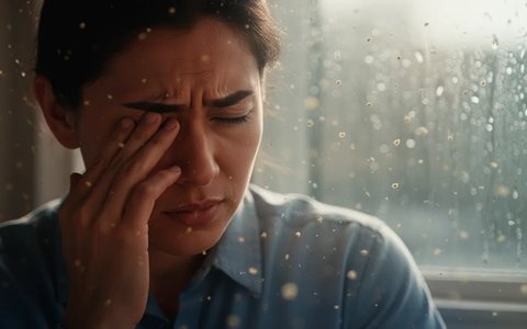 Eine Person mit leichter Kopfschmerzgeste, im Hintergrund ein Fenster mit unscharfem Wetter und angedeuteten Pollenpartikeln. - Foto: über boerse-global.de