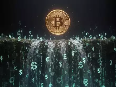 Bitcoin-Symbol über einer stilisierten Abströmung digitaler Währungssymbole und Daten. - Foto: über boerse-global.de