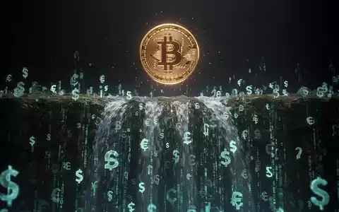 Bitcoin-Symbol über einer stilisierten Abströmung digitaler Währungssymbole und Daten. - Foto: über boerse-global.de