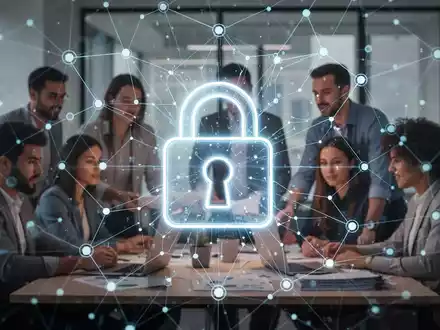 Ein stilisiertes, leuchtendes Vorhängeschloss-Symbol über einem digitalen Netzwerk, das Cybersicherheit und Datenschutz für KMU darstellt. - Foto: über boerse-global.de