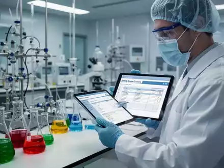 Ein Chemieingenieur in Schutzkleidung prüft Sicherheitsdatenblätter auf einem Tablet in einem modernen Labor. - Foto: über boerse-global.de