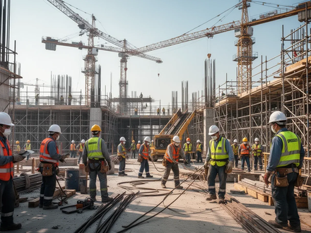 Baustelle mit mehreren Bauarbeitern in Schutzkleidung, Kränen und Gerüsten unter blauem Himmel, Fokus auf Sicherheit. - Foto: über boerse-global.de