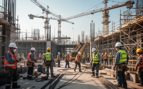 Baustelle mit mehreren Bauarbeitern in Schutzkleidung, Kränen und Gerüsten unter blauem Himmel, Fokus auf Sicherheit. - Foto: über boerse-global.de